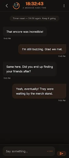 A calm chat with the 24-hour timer counting in the header and a note that each message adds time.